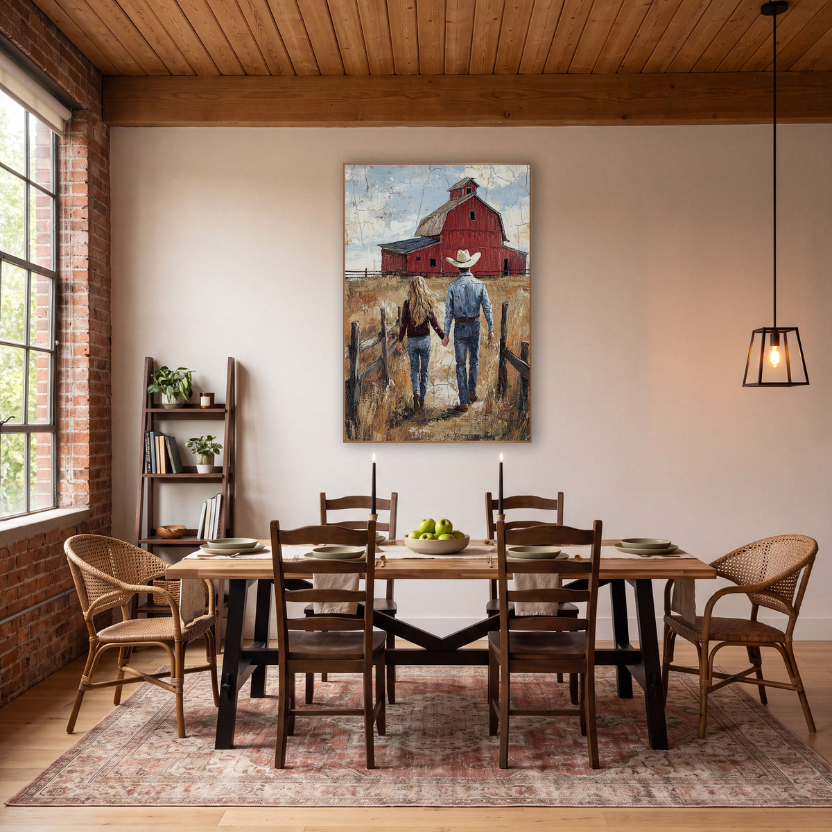 Denim Couple Barn Lane wall art in a rustic western-style room – cowboy and long-haired woman holding hands, walking