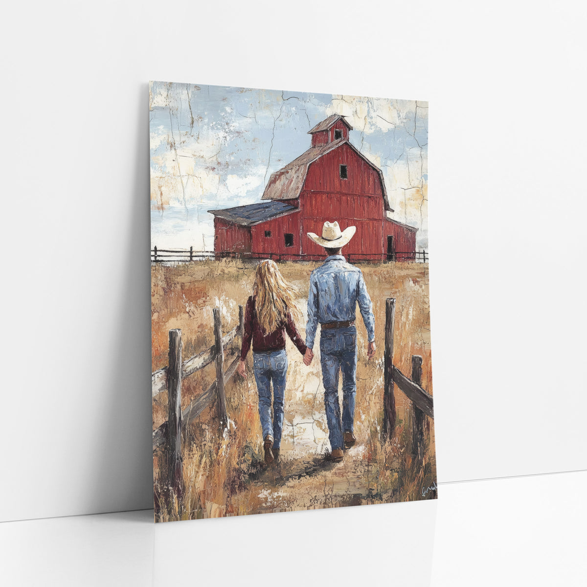 Denim Couple Barn Lane art print leaning against a white wall – cowboy and long-haired woman holding hands, walking away