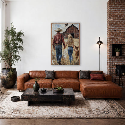 Couple and Calf Weathered Barn wall art in a rustic western-style room – cowboy in cream hat and woman with long