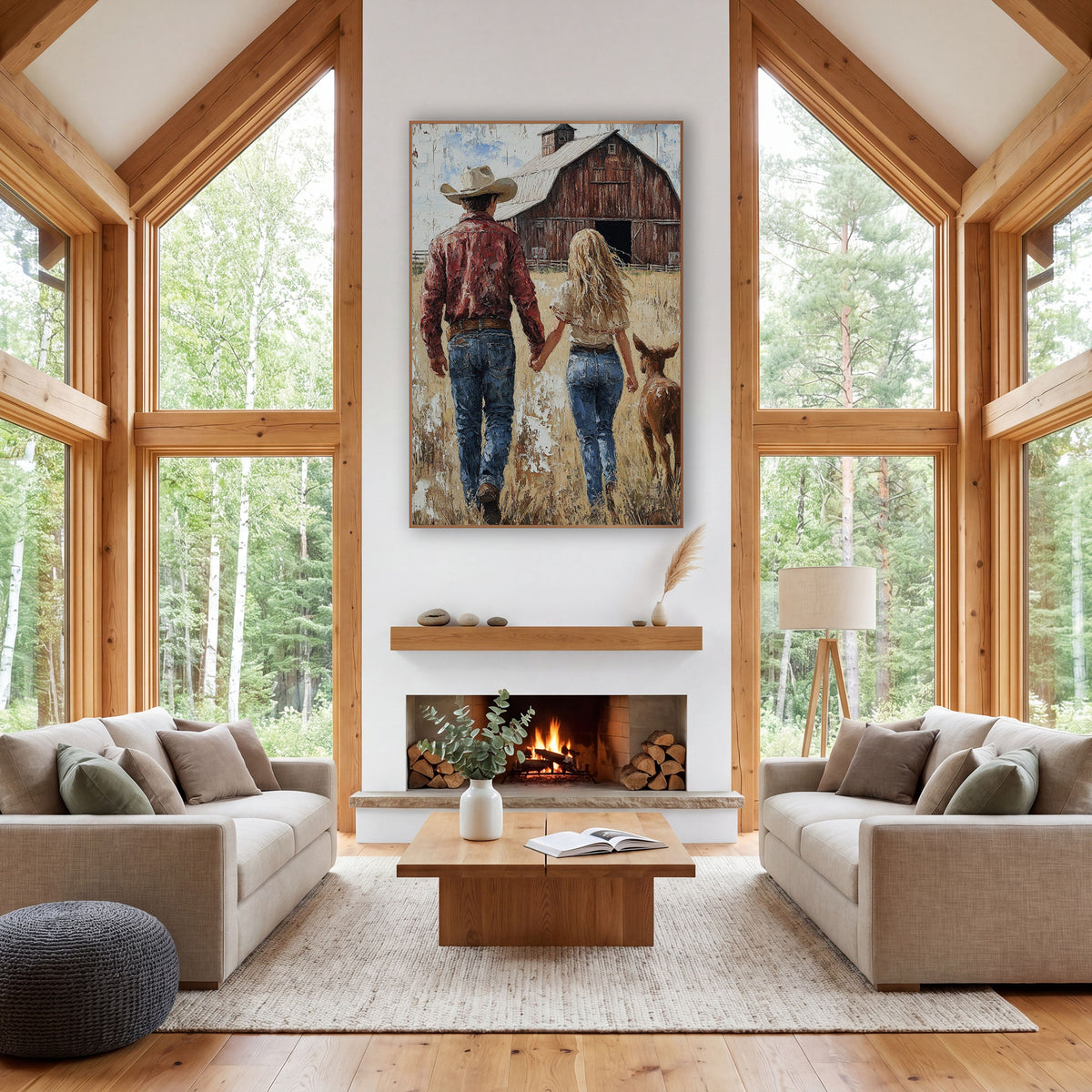 Couple and Calf Weathered Barn wall art in a rustic western-style room – cowboy in cream hat and woman with long