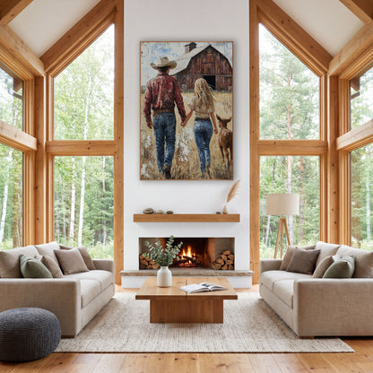 Couple and Calf Weathered Barn wall art in a rustic western-style room – cowboy in cream hat and woman with long