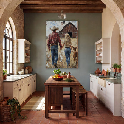 Couple and Calf Weathered Barn wall art in a rustic western-style room – cowboy in cream hat and woman with long
