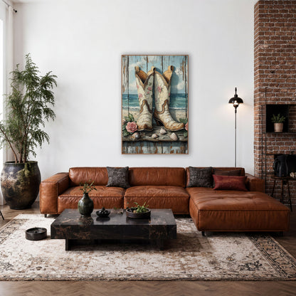 Cream Cowboy Boots Seashell Coastal wall art in a rustic western-style room – pair of cream cowboy boots with pink