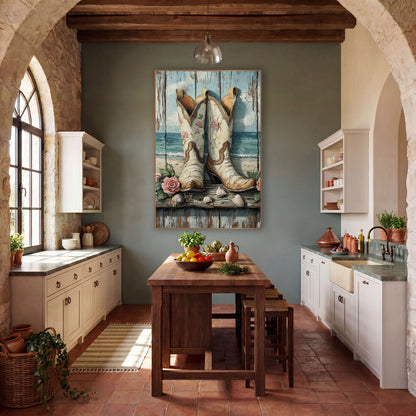 Cream Cowboy Boots Seashell Coastal wall art in a rustic western-style room – pair of cream cowboy boots with pink