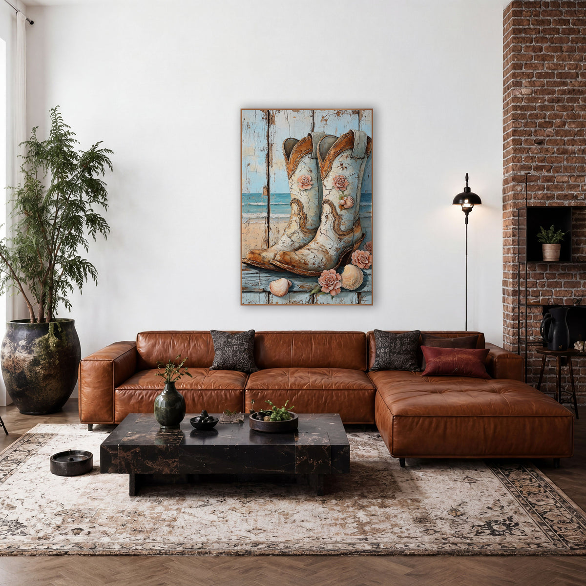 Weathered Plank Seashell Boots Rustic wall art in a rustic western-style room – pair of pale blue cowboy boots