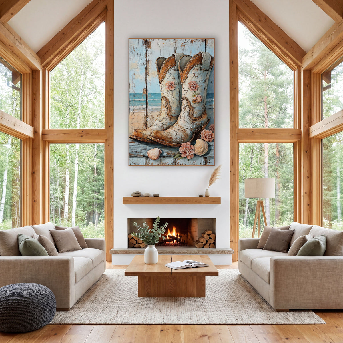 Weathered Plank Seashell Boots Rustic wall art in a rustic western-style room – pair of pale blue cowboy boots