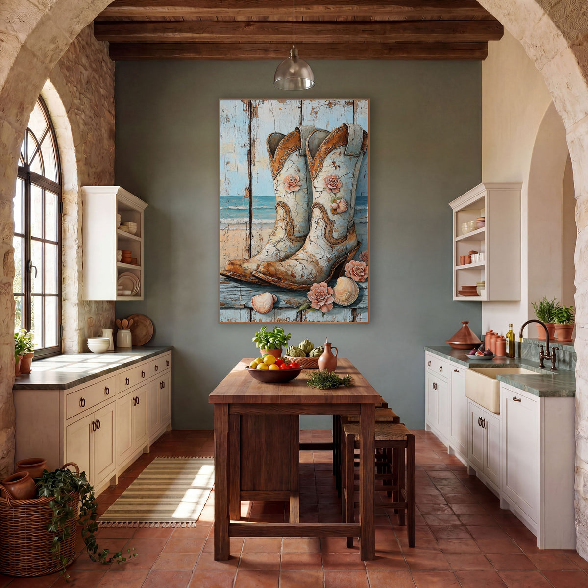 Weathered Plank Seashell Boots Rustic wall art in a rustic western-style room – pair of pale blue cowboy boots