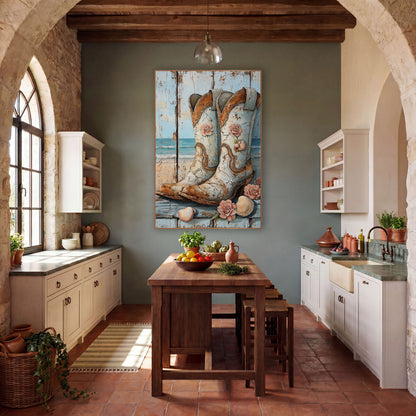 Weathered Plank Seashell Boots Rustic wall art in a rustic western-style room – pair of pale blue cowboy boots