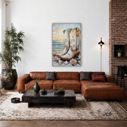 Cream Cowboy Boots Seashell Coastal Western wall art in a rustic western-style room – cream cowboy boots decorated