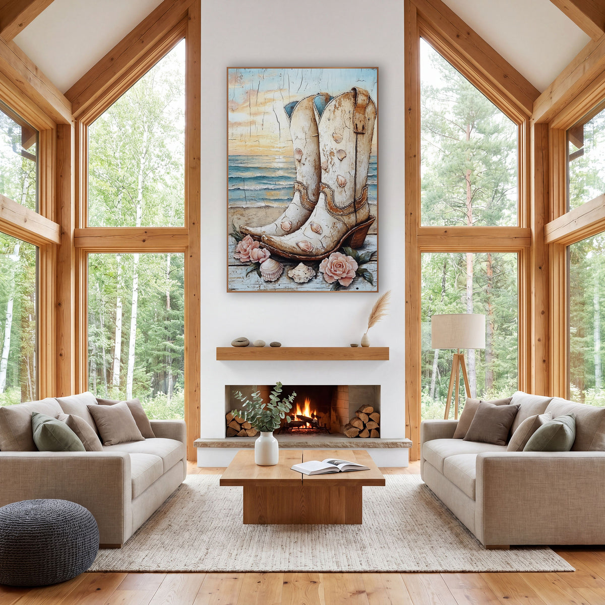 Cream Cowboy Boots Seashell Coastal Western wall art in a rustic western-style room – cream cowboy boots decorated