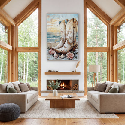 Cream Cowboy Boots Seashell Coastal Western wall art in a rustic western-style room – cream cowboy boots decorated