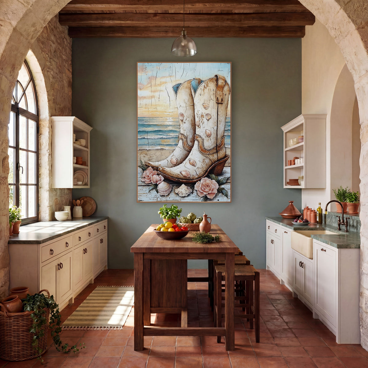 Cream Cowboy Boots Seashell Coastal Western wall art in a rustic western-style room – cream cowboy boots decorated