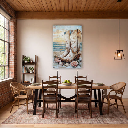 Cream Cowboy Boots Seashell Coastal Western wall art in a rustic western-style room – cream cowboy boots decorated