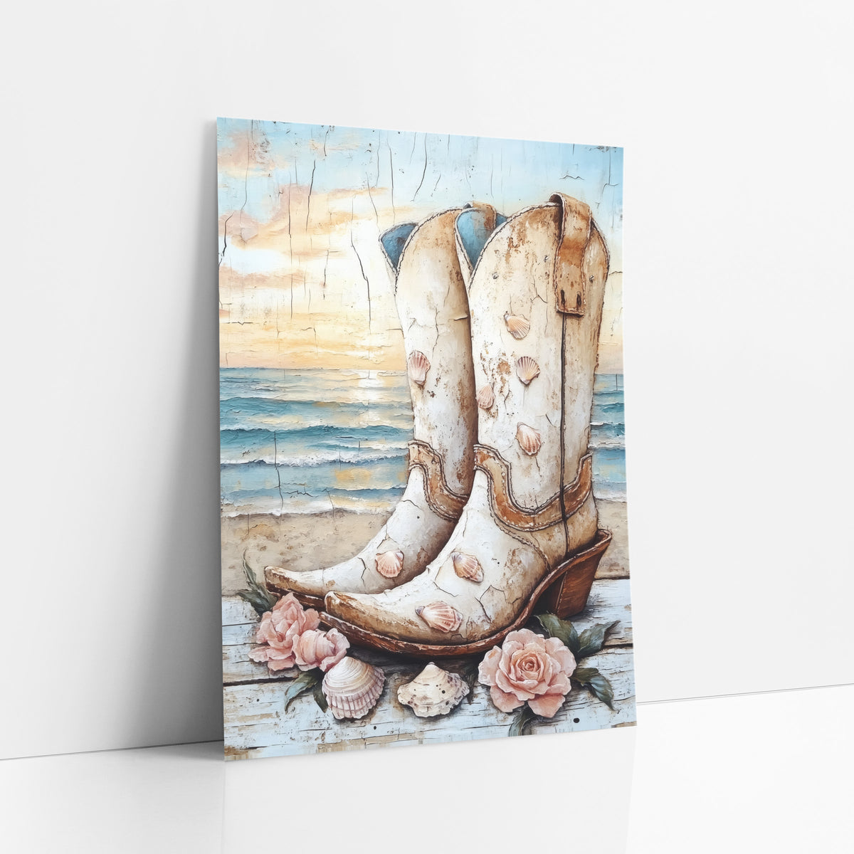 Cream Cowboy Boots Seashell Coastal Western art print leaning against a white wall – cream cowboy boots decorated