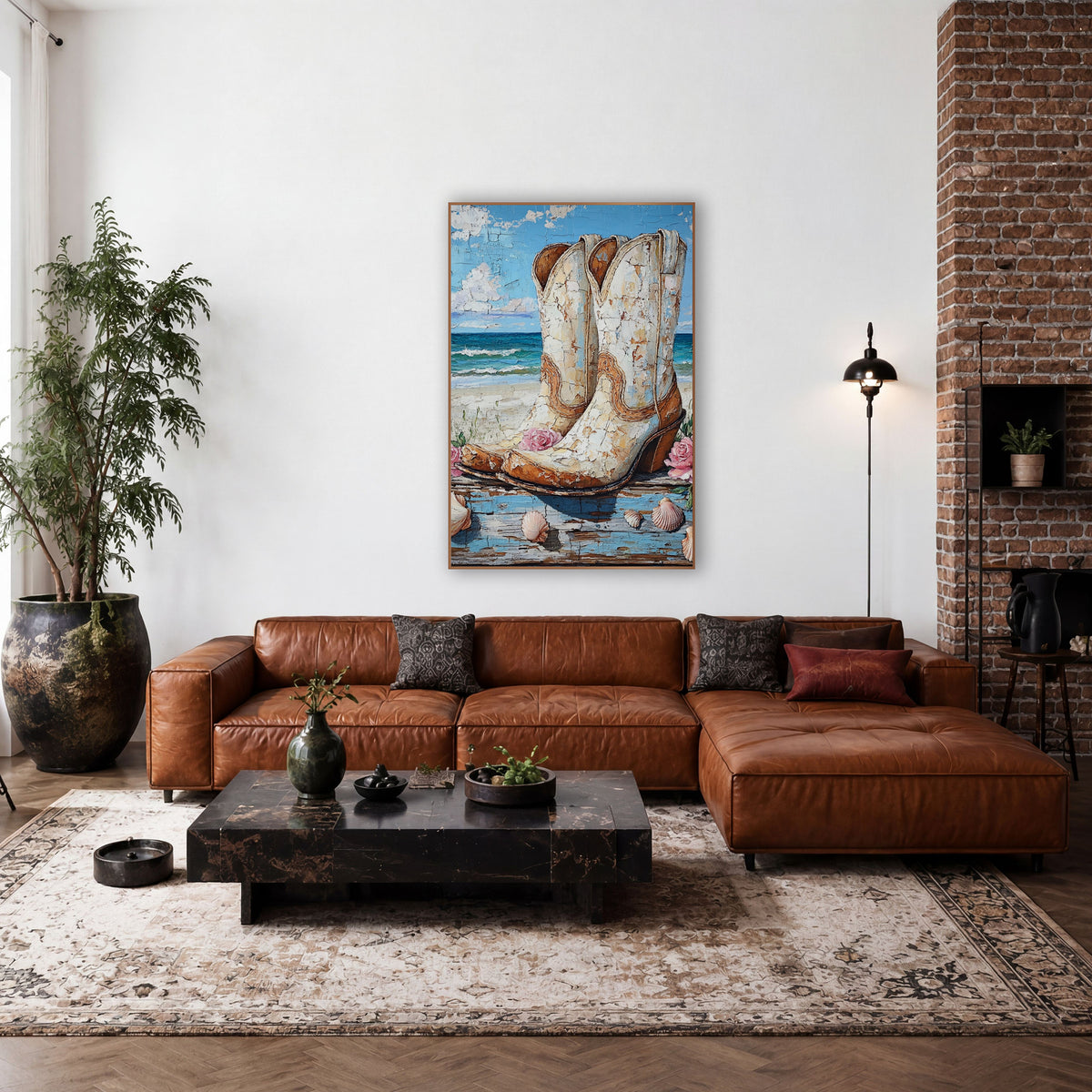 Sandy Shore Cowboy Boots Painterly wall art in a rustic western-style room – cream cowboy boots with tan trim