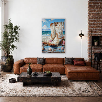 Sandy Shore Cowboy Boots Painterly wall art in a rustic western-style room – cream cowboy boots with tan trim
