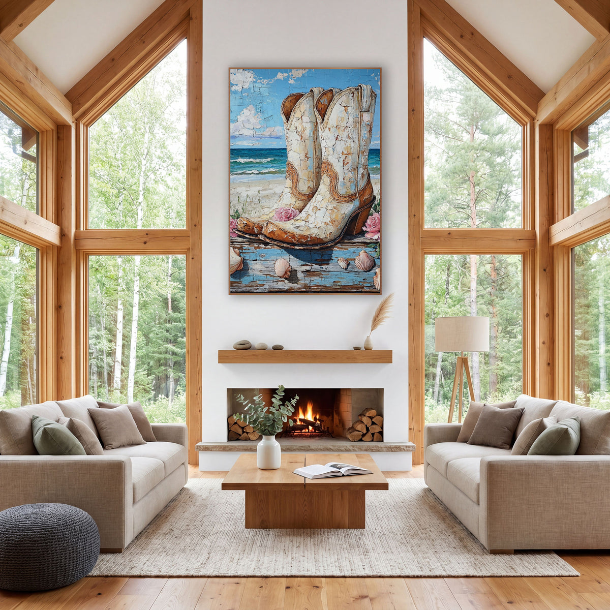 Sandy Shore Cowboy Boots Painterly wall art in a rustic western-style room – cream cowboy boots with tan trim