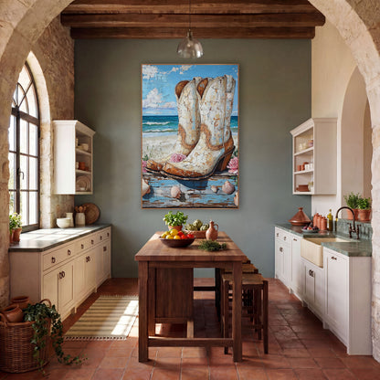 Sandy Shore Cowboy Boots Painterly wall art in a rustic western-style room – cream cowboy boots with tan trim