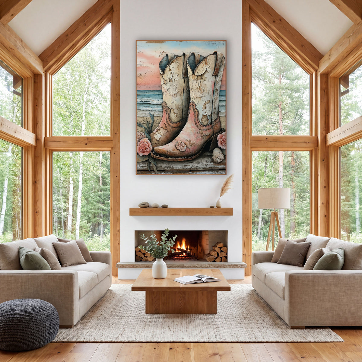 Blush Cowboy Boots Beach Western wall art in a rustic western-style room – pair of weathered cream and pink cowboy