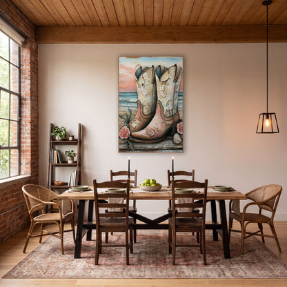 Blush Cowboy Boots Beach Western wall art in a rustic western-style room – pair of weathered cream and pink cowboy