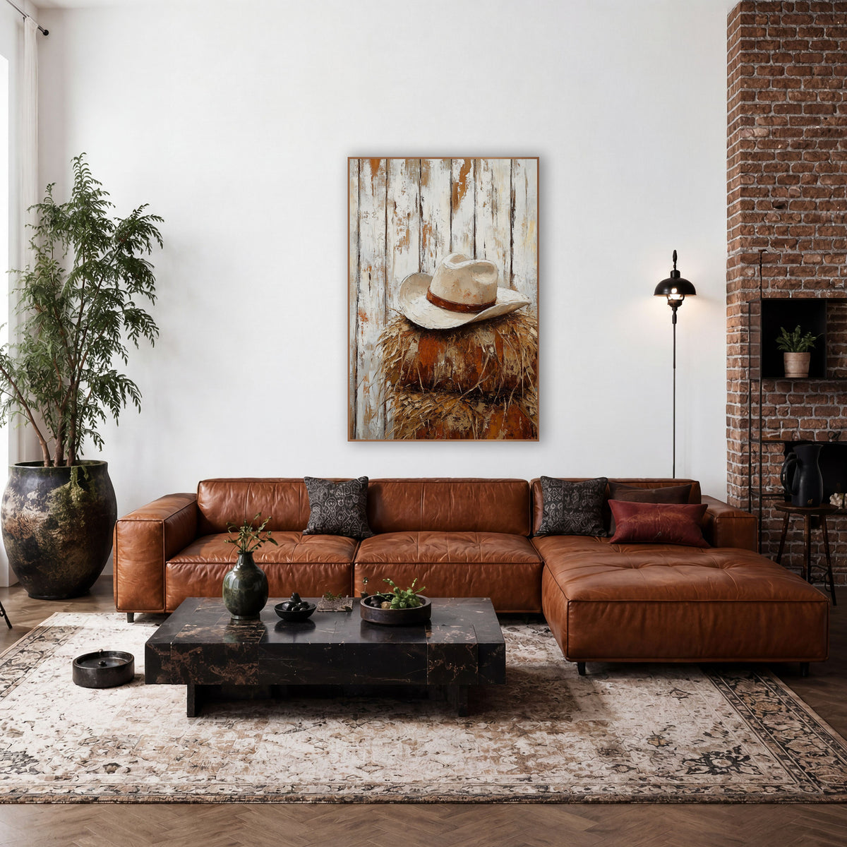Cowboy Hat on Hay Western wall art in a rustic western-style room – cream cowboy hat with a rust-brown band on a stack