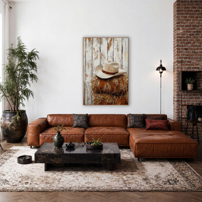 Cowboy Hat on Hay Western wall art in a rustic western-style room – cream cowboy hat with a rust-brown band on a stack