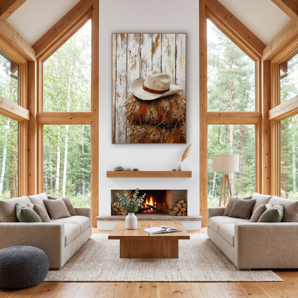 Cowboy Hat on Hay Western wall art in a rustic western-style room – cream cowboy hat with a rust-brown band on a stack