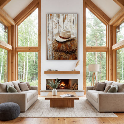 Cowboy Hat on Hay Western wall art in a rustic western-style room – cream cowboy hat with a rust-brown band on a stack
