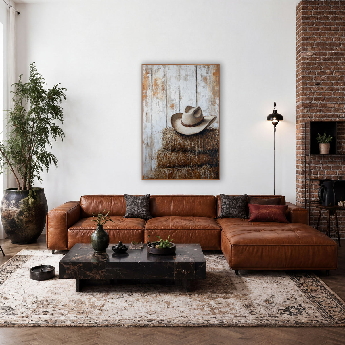 Cream Cowboy Hat Haybales Western wall art in a rustic western-style room – cream cowboy hat with brown band