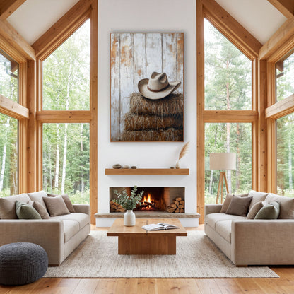 Cream Cowboy Hat Haybales Western wall art in a rustic western-style room – cream cowboy hat with brown band