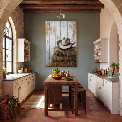 Cream Cowboy Hat Haybales Western wall art in a rustic western-style room – cream cowboy hat with brown band