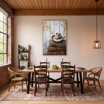 Cream Cowboy Hat Haybales Western wall art in a rustic western-style room – cream cowboy hat with brown band