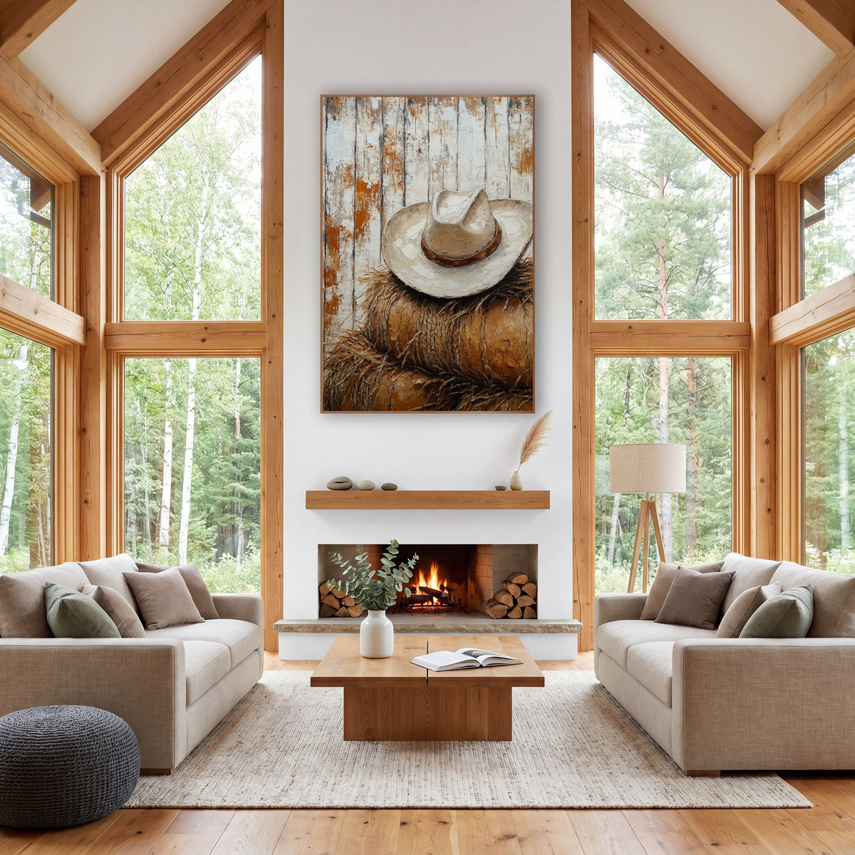 Cream Hat Round Bales Rustic wall art in a rustic western-style room – cream cowboy hat with brown band resting