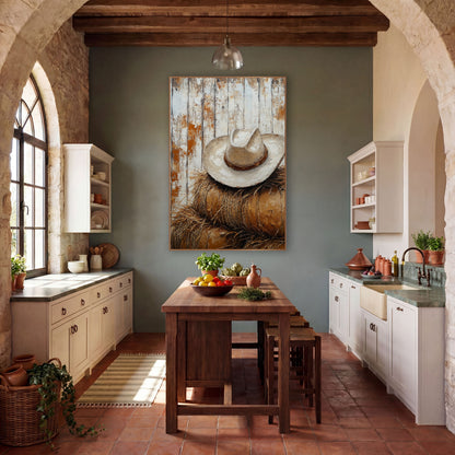 Cream Hat Round Bales Rustic wall art in a rustic western-style room – cream cowboy hat with brown band resting