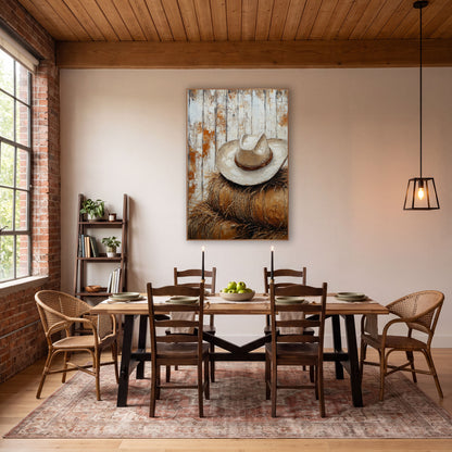 Cream Hat Round Bales Rustic wall art in a rustic western-style room – cream cowboy hat with brown band resting