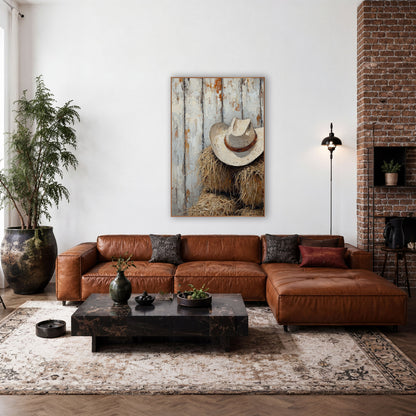 Cream Cowboy Hat Rustic Western wall art in a rustic western-style room – cream cowboy hat with a brown band resting