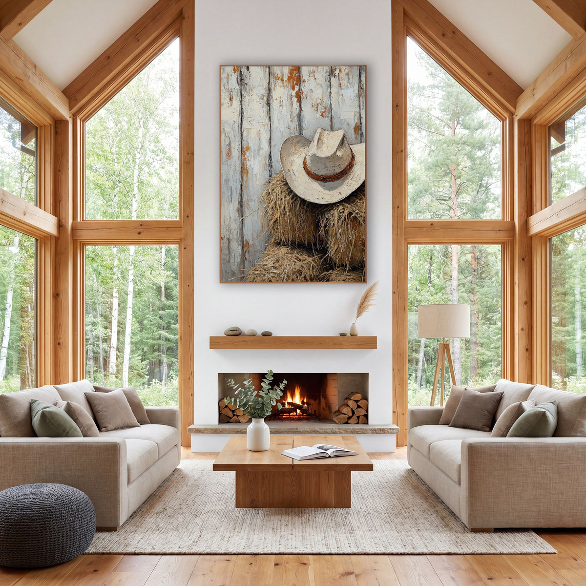 Cream Cowboy Hat Rustic Western wall art in a rustic western-style room – cream cowboy hat with a brown band resting