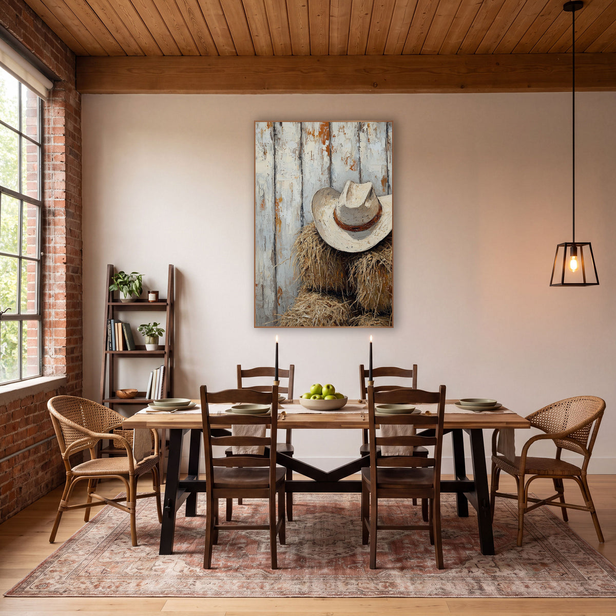 Cream Cowboy Hat Rustic Western wall art in a rustic western-style room – cream cowboy hat with a brown band resting