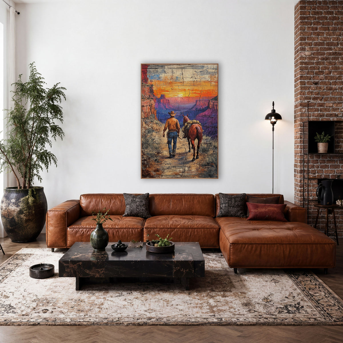 Cowboy Leading Horse Canyon Western wall art in a rustic western-style room – cowboy in a tan hat leading a loaded