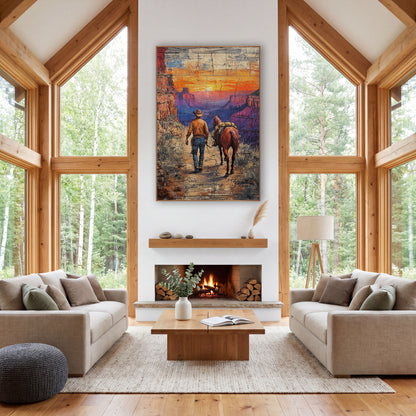 Cowboy Leading Horse Canyon Western wall art in a rustic western-style room – cowboy in a tan hat leading a loaded