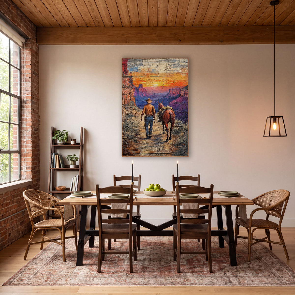 Cowboy Leading Horse Canyon Western wall art in a rustic western-style room – cowboy in a tan hat leading a loaded