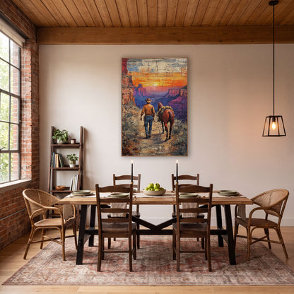Cowboy Leading Horse Canyon Western wall art in a rustic western-style room – cowboy in a tan hat leading a loaded