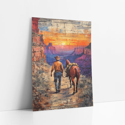 Cowboy Leading Horse Canyon Western art print leaning against a white wall – cowboy in a tan hat leading a loaded