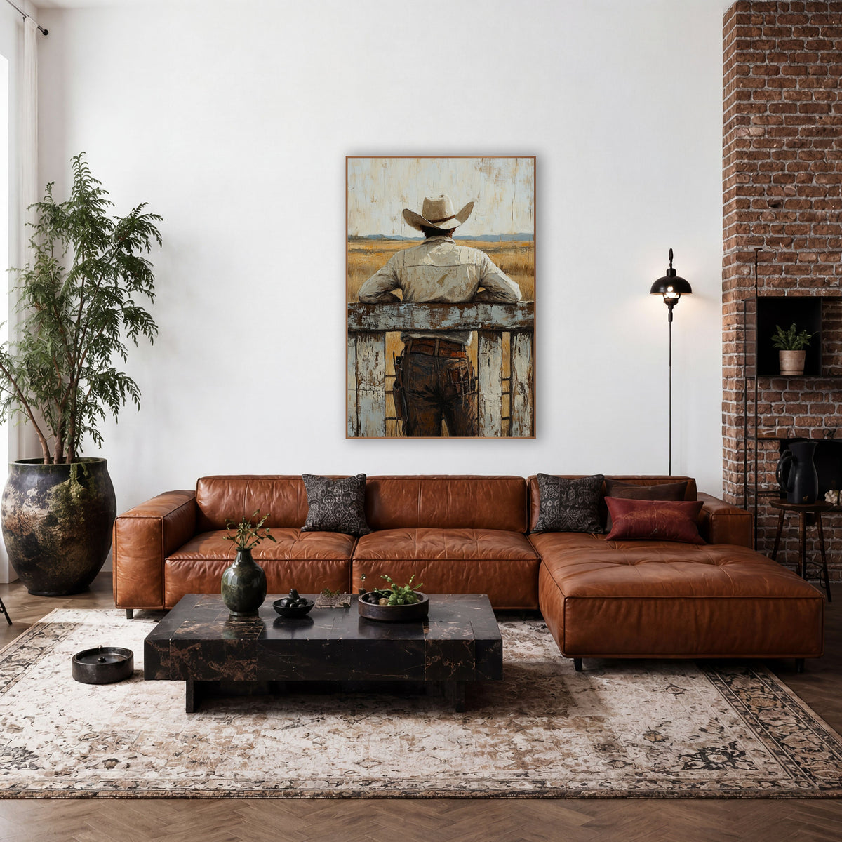 Cowboy Gunbelt Fence Rustic wall art in a rustic western-style room – cowboy in cream hat seen from behind leaning