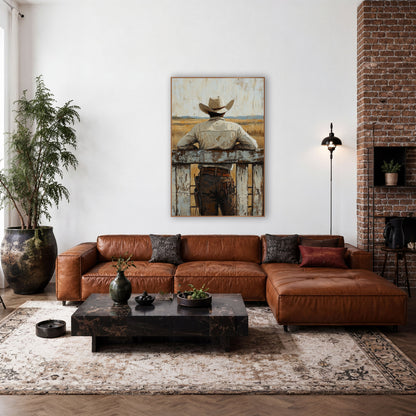 Cowboy Gunbelt Fence Rustic wall art in a rustic western-style room – cowboy in cream hat seen from behind leaning