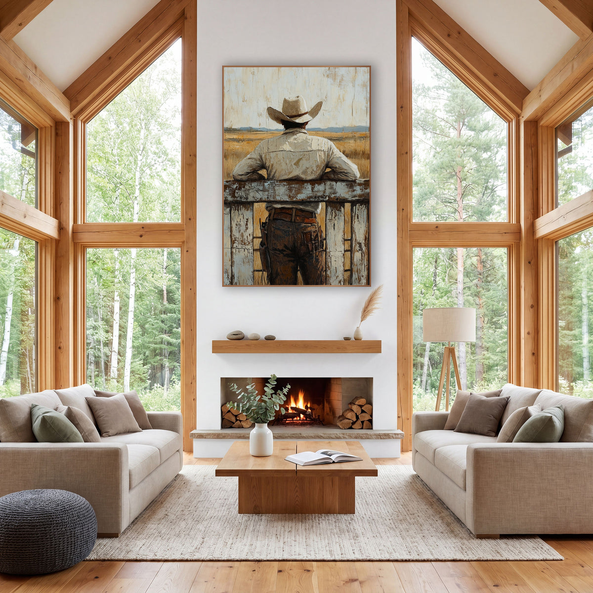 Cowboy Gunbelt Fence Rustic wall art in a rustic western-style room – cowboy in cream hat seen from behind leaning