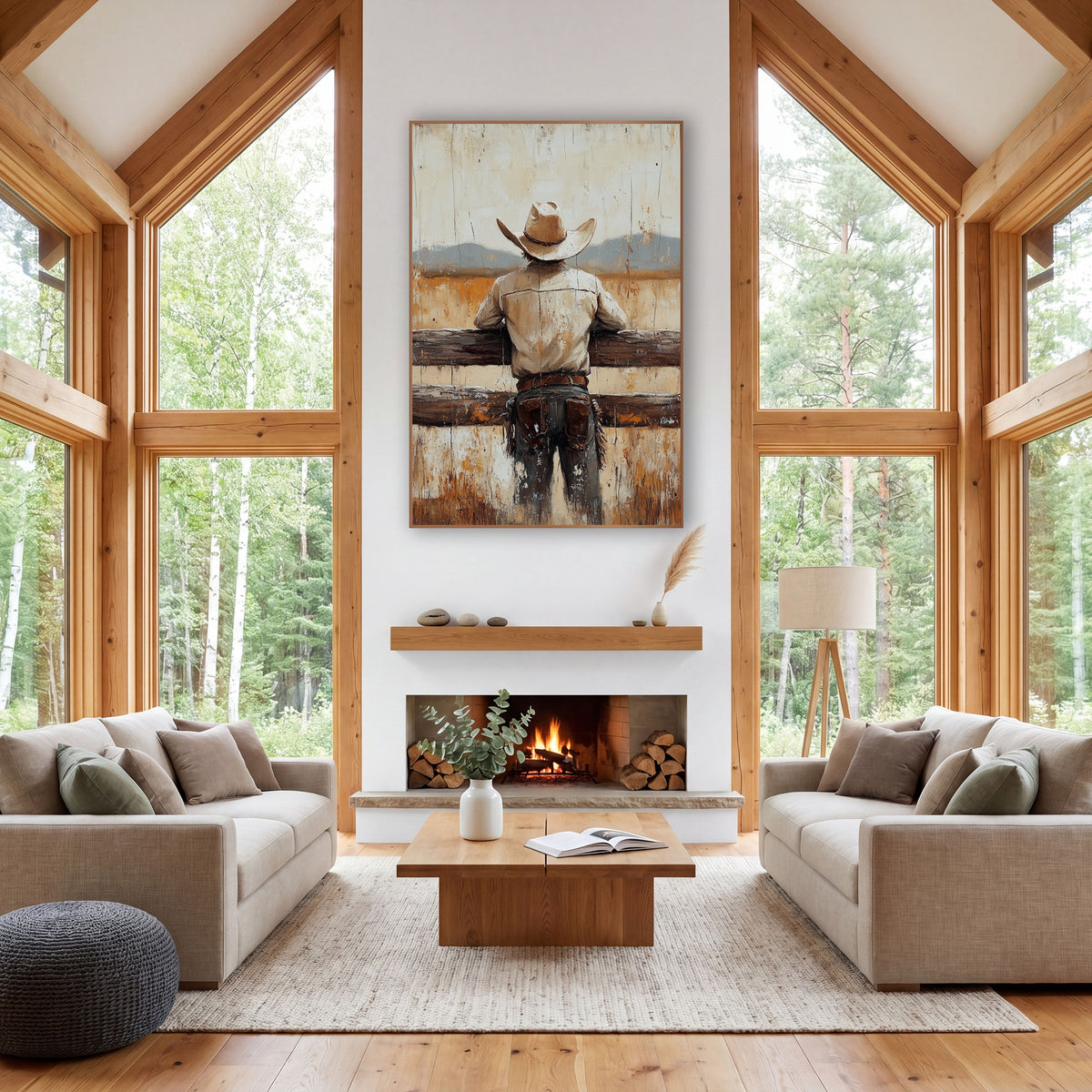 Cowboy Back View Western wall art in a rustic western-style room – cowboy seen from behind leaning on a wooden fence