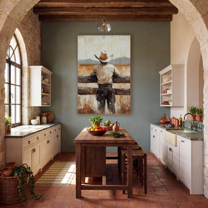 Cowboy Back View Western wall art in a rustic western-style room – cowboy seen from behind leaning on a wooden fence