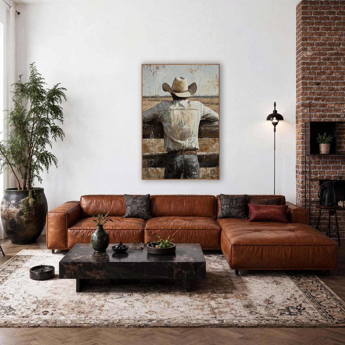Cowboy Fence Prairie Western Rustic wall art in a rustic western-style room – cowboy in cream hat and white shirt seen