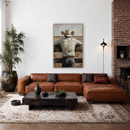 Cowboy Fence Prairie Western Rustic wall art in a rustic western-style room – cowboy in cream hat and white shirt seen